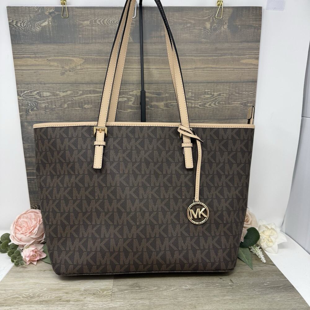 Michael Kors Jet Set Charm Tote Logo Purse Brown Cream Trim New